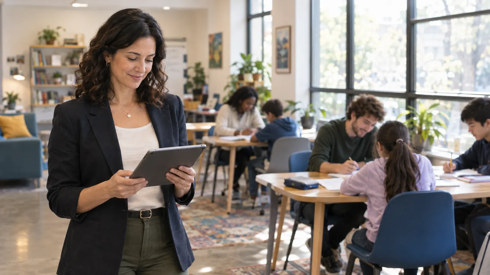 A tutoring center owner checking a tablet while tutors work with students at tables behind her