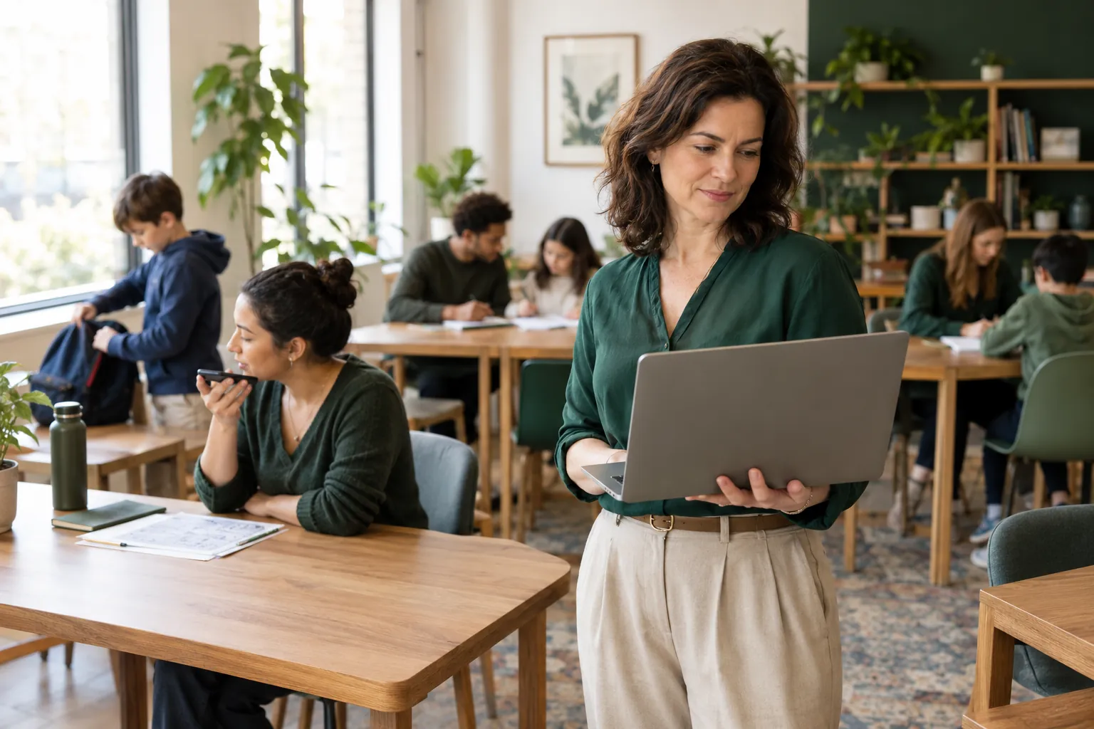 A tutoring center owner holding a laptop while tutors work with students at tables behind her