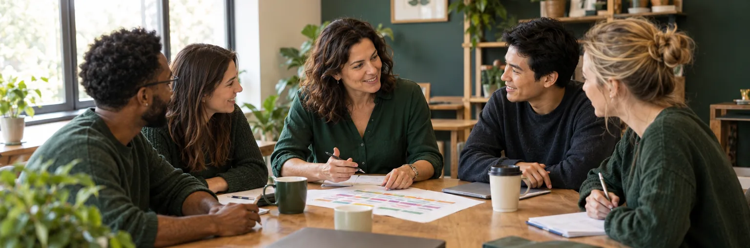 Five tutoring staff talking around a shared table with a colour-coded schedule