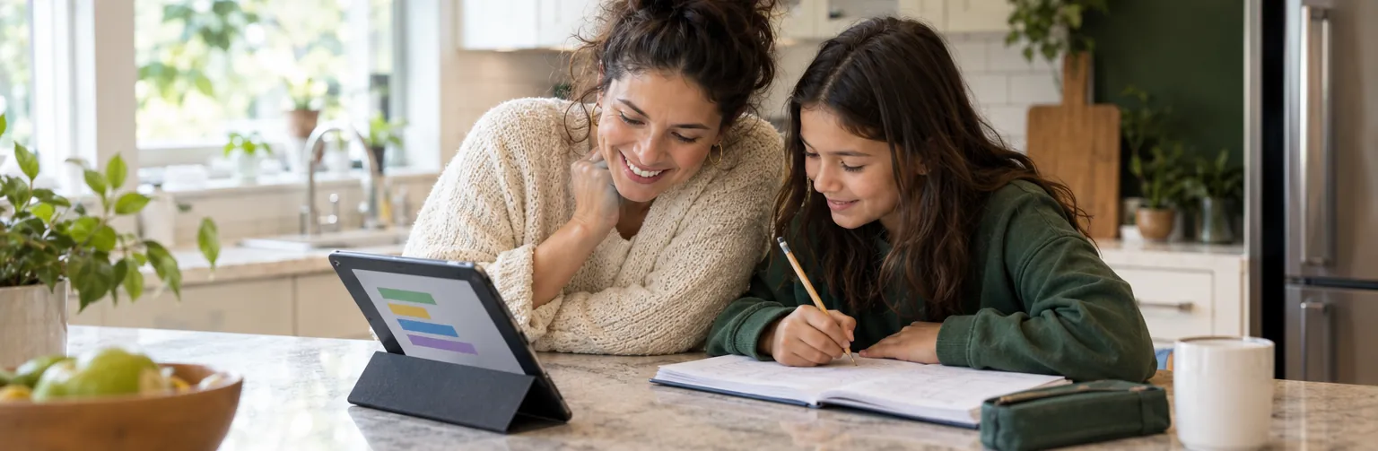 A parent and her daughter smiling together at a tablet on a kitchen counter while the daughter does homework
