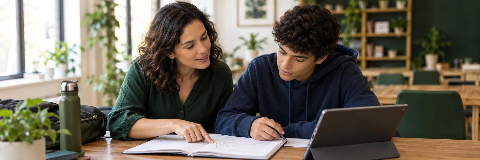 A tutor pointing at an open workbook while a teenage student writes beside her