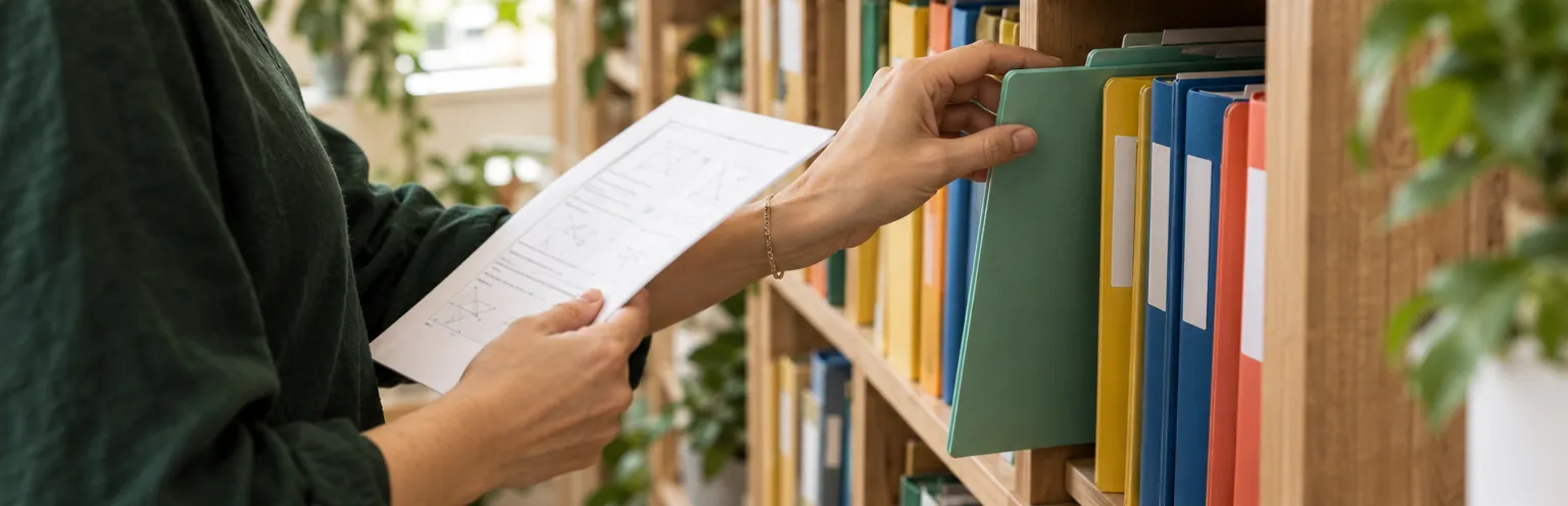 A tutor taking a coloured curriculum folder from a shelf while holding a printed worksheet