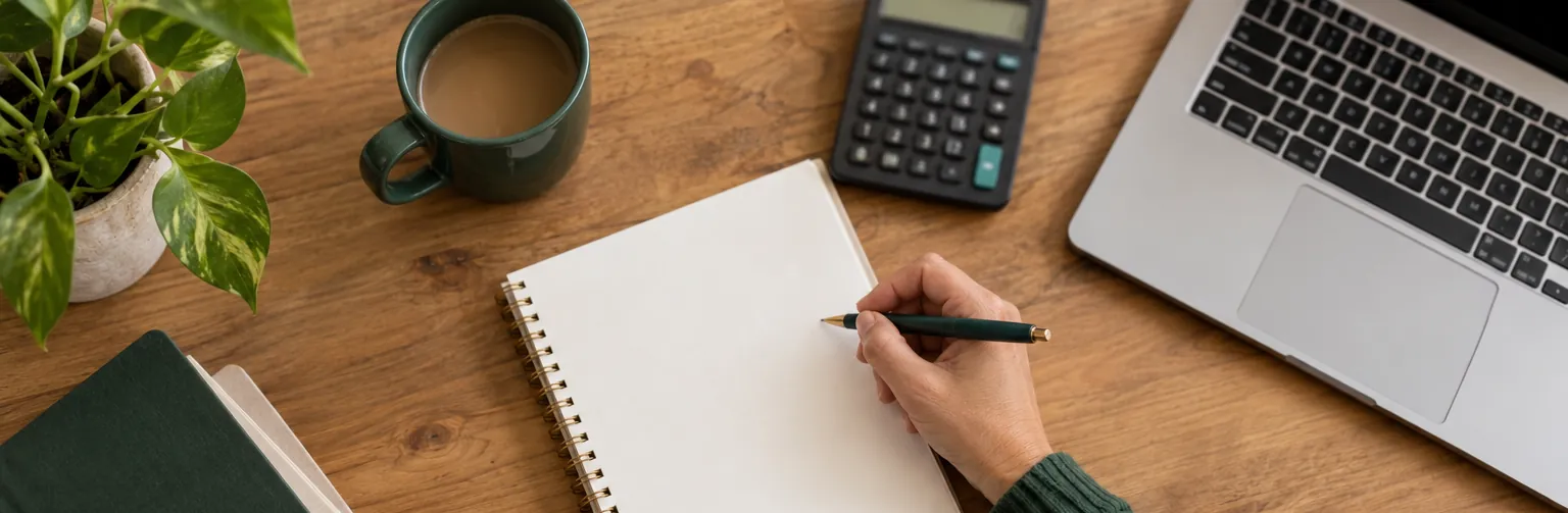 Overhead view of a desk with a notebook, calculator, coffee mug and laptop while someone writes with a pen